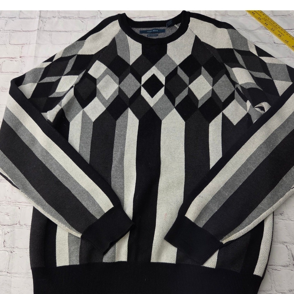 Perry Ellis Mens XL Geometric Argyle Diamond Stripe Knit Crewneck Sweater Gray